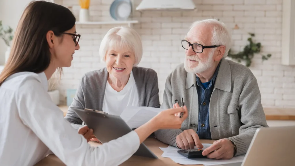 A couple talking to a financial advisor.